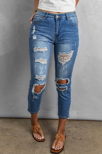 Stockpapa Sky Blue Fading Distressed Holes Crop Jeans
